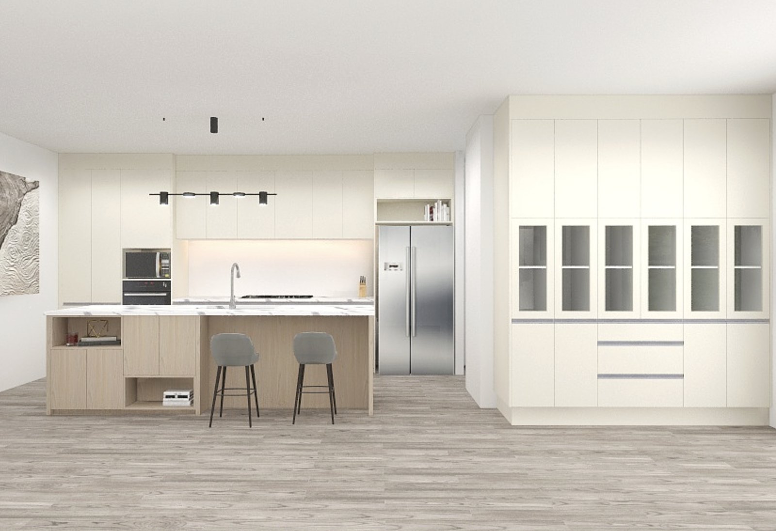 Design render: cream kitchen with timber island and full-height glass display cabinets